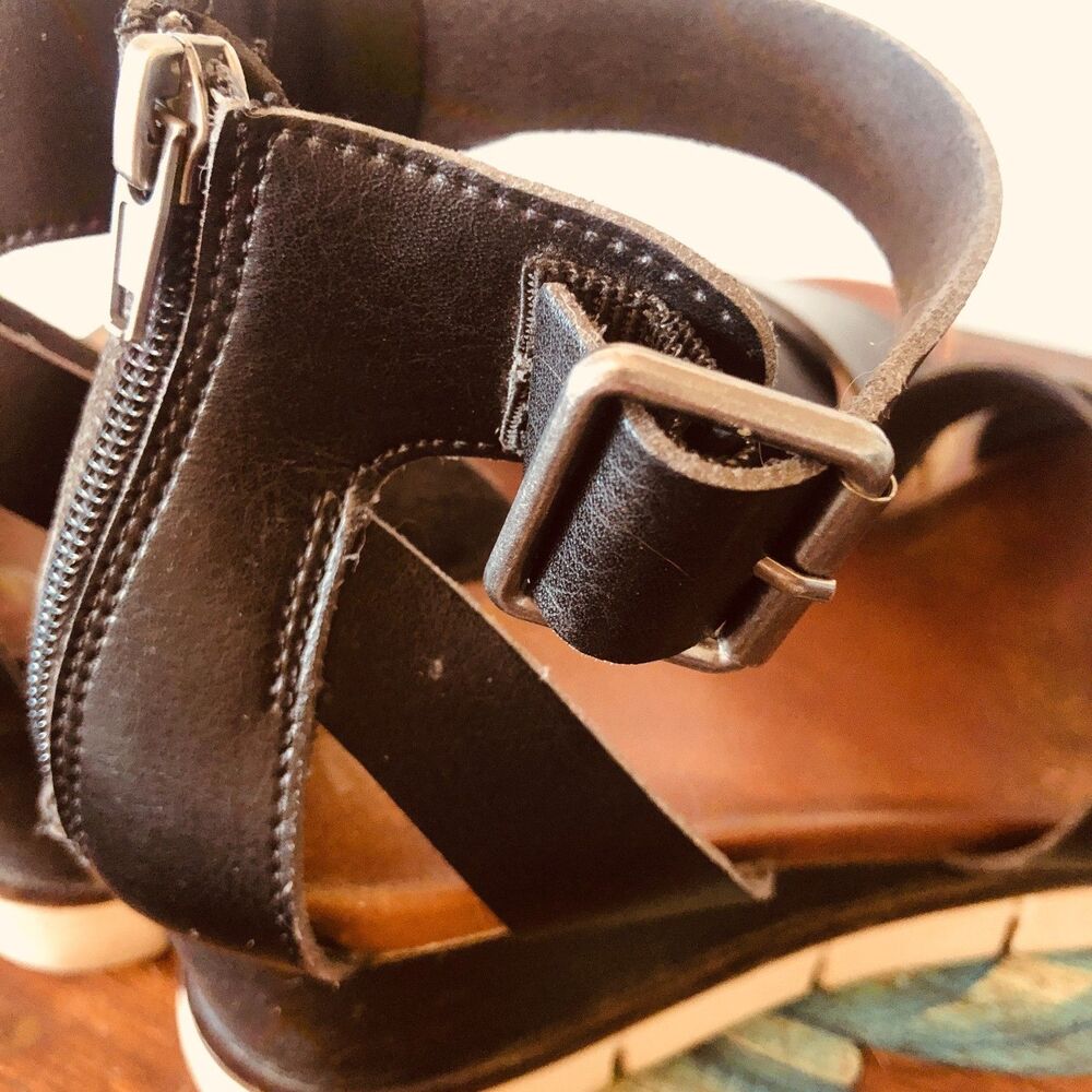 MIA LAURI Ankle Strap With Zipper High Stack Wedge Heel Sandals Black 9M - Picture 5 of 7